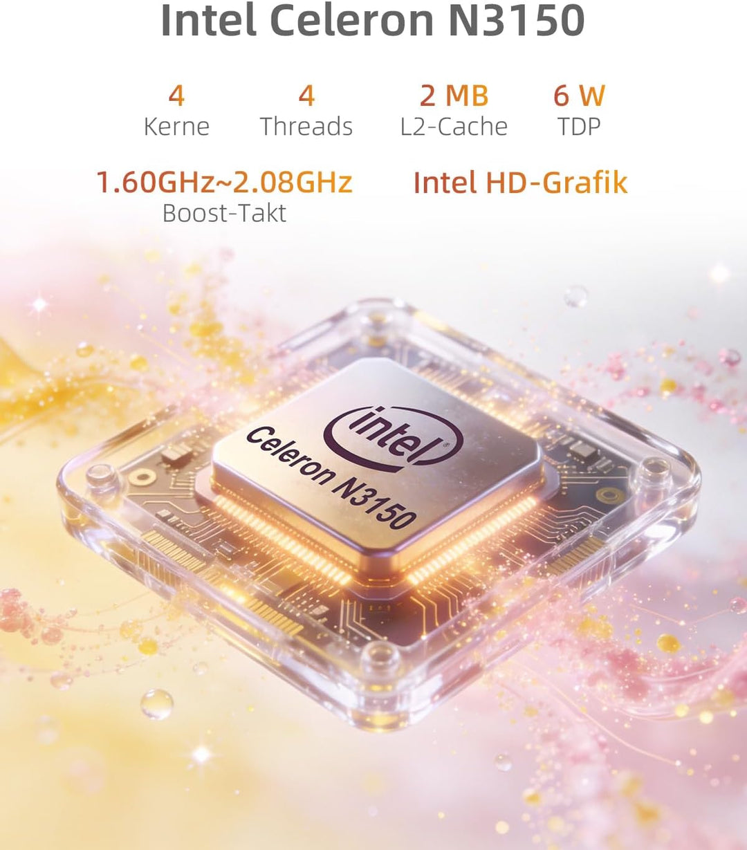Mini PC N3150 (4 Kerne/4 Threads, bis 2,08 GHz), 8 GB RAM, 256 GB SSD, Dual USB-C Mini Computer, 2×