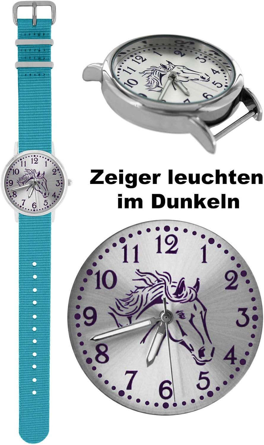 Pacific Time Mädchen Uhr Pferde analog Quarz mit Textil Wechselarmband hell blau