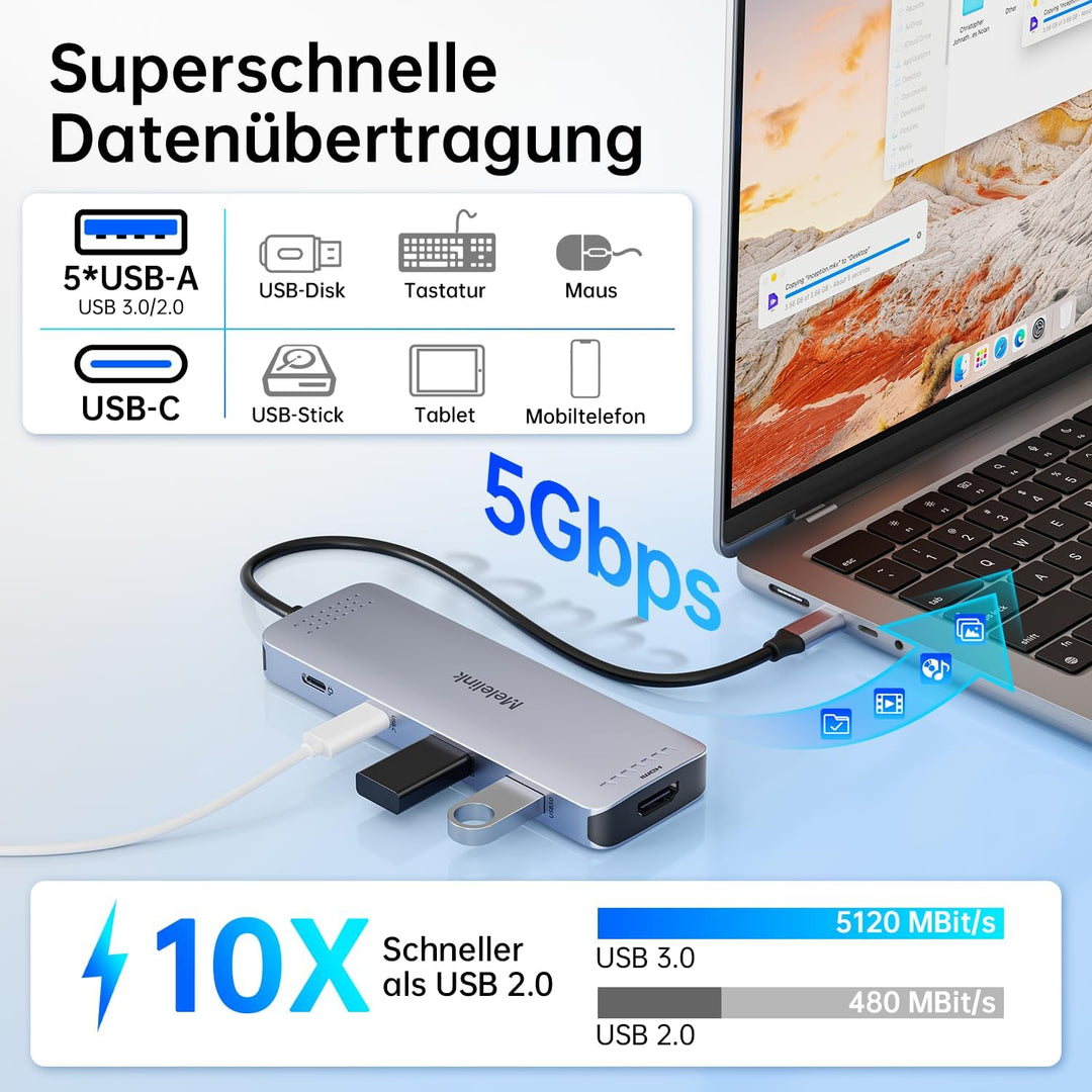 USB C Hub für MacBook, USB-C Adapter Multiport 10 in 1 mit 4K 60Hz HDMI, 100W PD, SD/microSD Kartenl