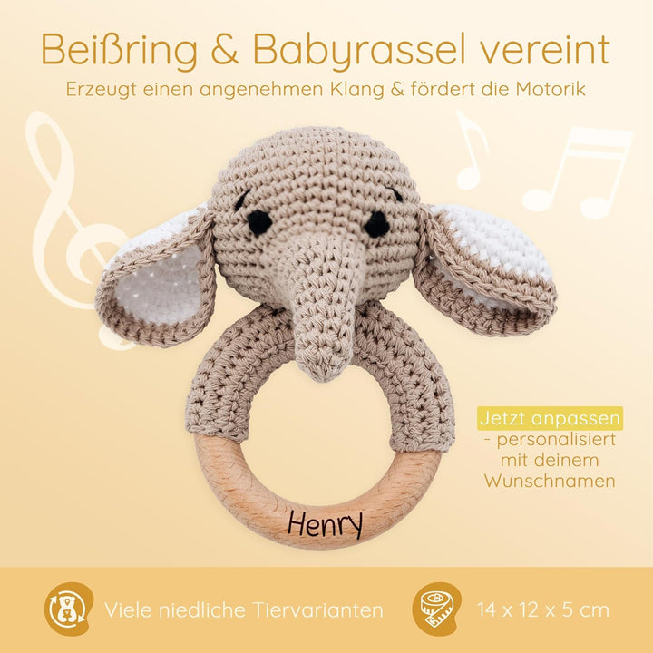 Personalisierter Beissring Baby - Niedlicher Greifling für Baby's ab 0 Monate - Babyrassel mit Name