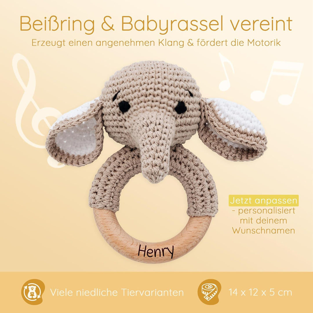 Personalisierter Beissring Baby - Niedlicher Greifling für Baby's ab 0 Monate - Babyrassel mit Name