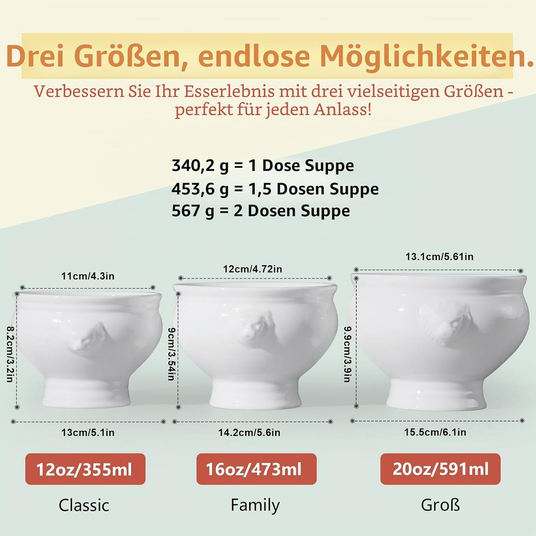Cinf Keramik 354 ml Satz von 4 Löwenkopf Porzellan Suppenschalen Weiss – Ohne Deckel, Mikrowellengee