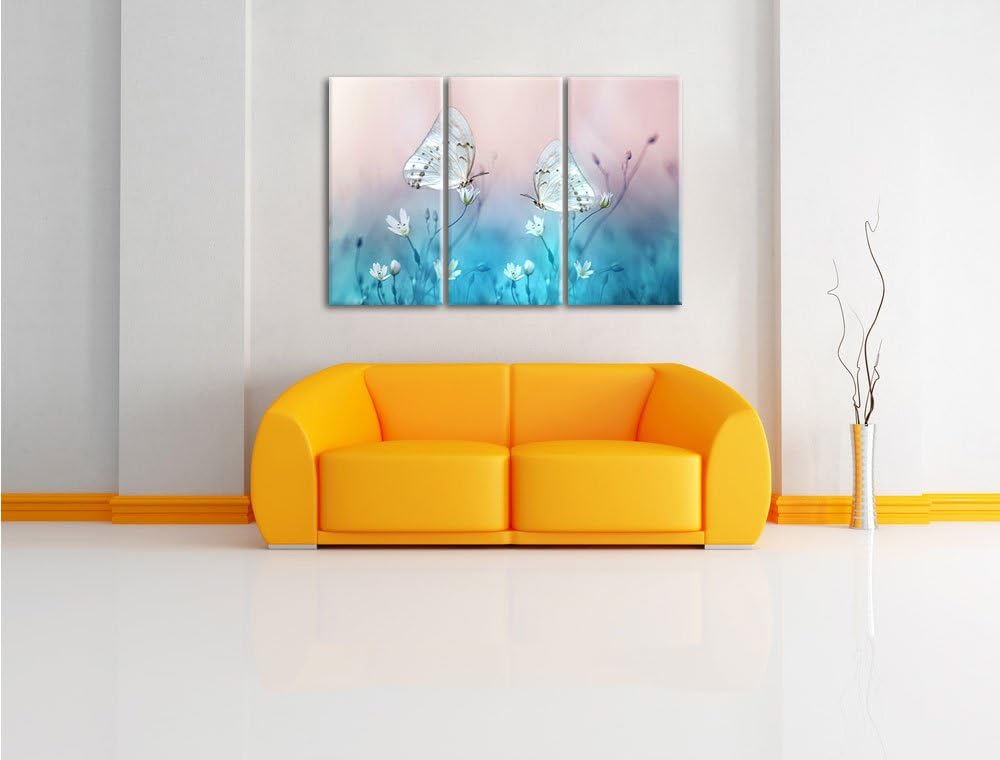 Pixxprint Schmetterling auf kleinen Blumen als Leinwandbild/Grösse: 3 Teilig (120x80) / Wandbild/Kun