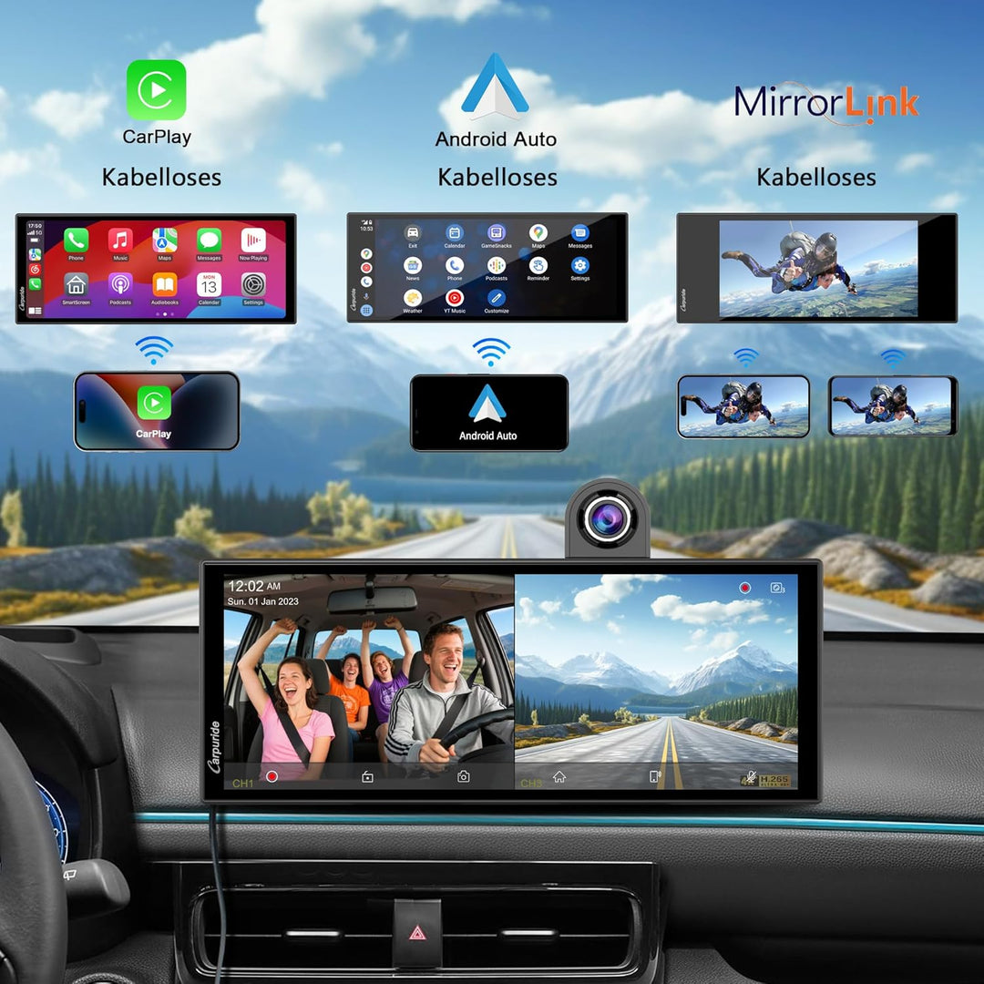 Carpuride Tragbares Kabelloses Carplay und Android Auto mit Dashcam-W125A 11,26-Zoll-HD-IPS-Bildschi