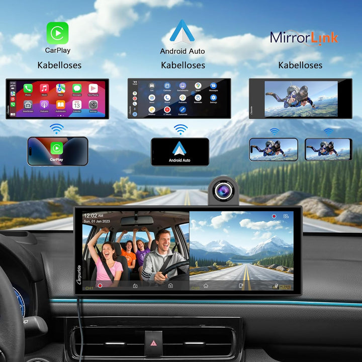 Carpuride Tragbares Kabelloses Carplay und Android Auto mit Dashcam-W125A 11,26-Zoll-HD-IPS-Bildschi