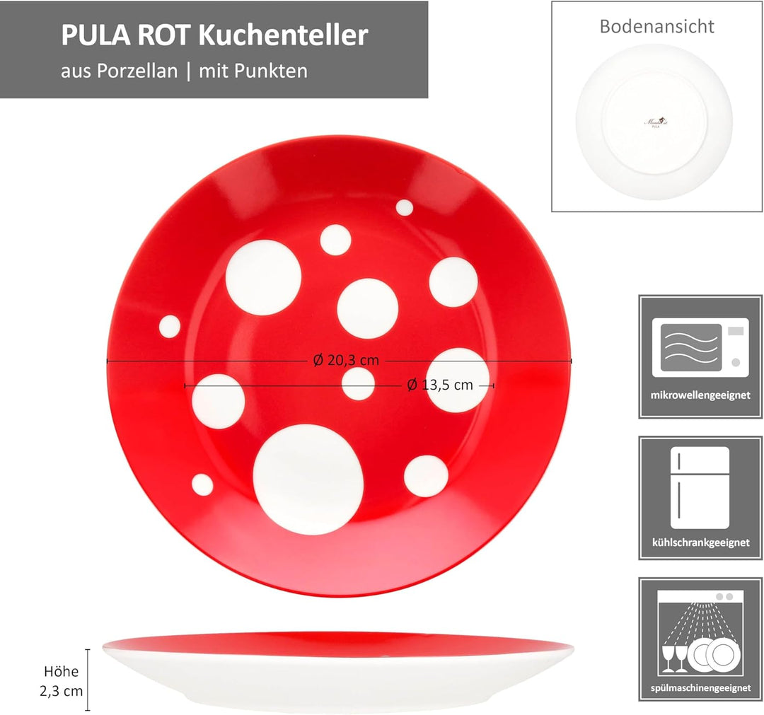 MamboCat Pula rot 6er Set Kuchenteller I weisses Porzellan-Frühstücksteller mit Punkten für 6 Person