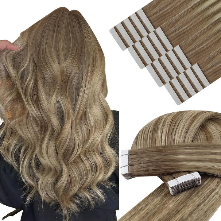 YoungSee Tape Extensions Echthaar Ombre 50 cm Echthaar Extensions Tape Ombre Braun bis Blond Tape in