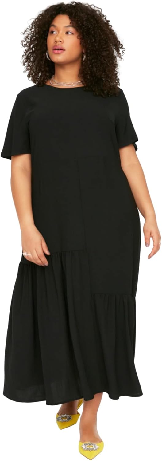 TRENDYOL Damen Women Ruffle Hem Dress Maxi Rüschen Saum Oversize Woven Plus Size Kleid 42 Schwarz, 4