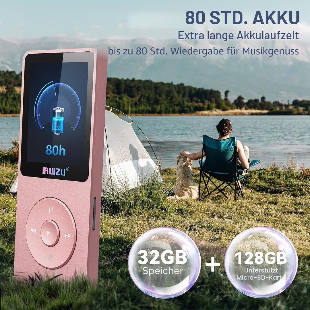 32GB MP3 Player mit Bluetooth 5.3, Ultraleicht (30 Gramm), bis zu 80 Stunden Akkulaufzeit, 1.8-Zoll-