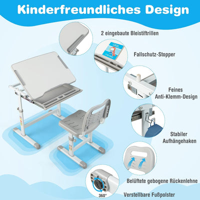 COSTWAY Schreibtisch Kinder, Kinderschreibtisch höhenverstellbar mit neigbarer Tischplatte & Schubla