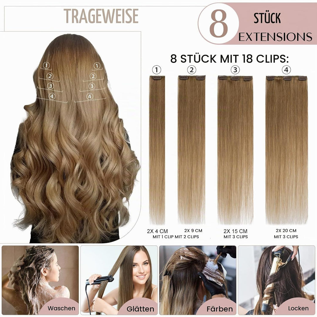 SEGO Clip in Haarverlängerung Echthaar Haar Extensions 8 Tressen Haarteil 100% Remy Human Haar dünn