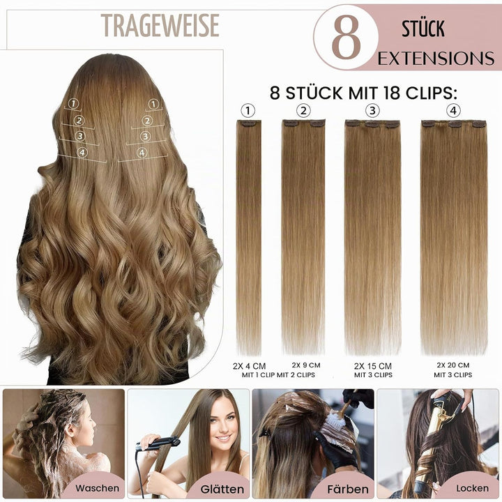 SEGO Clip in Haarverlängerung Echthaar Haar Extensions 8 Tressen Haarteil 100% Remy Human Haar dünn