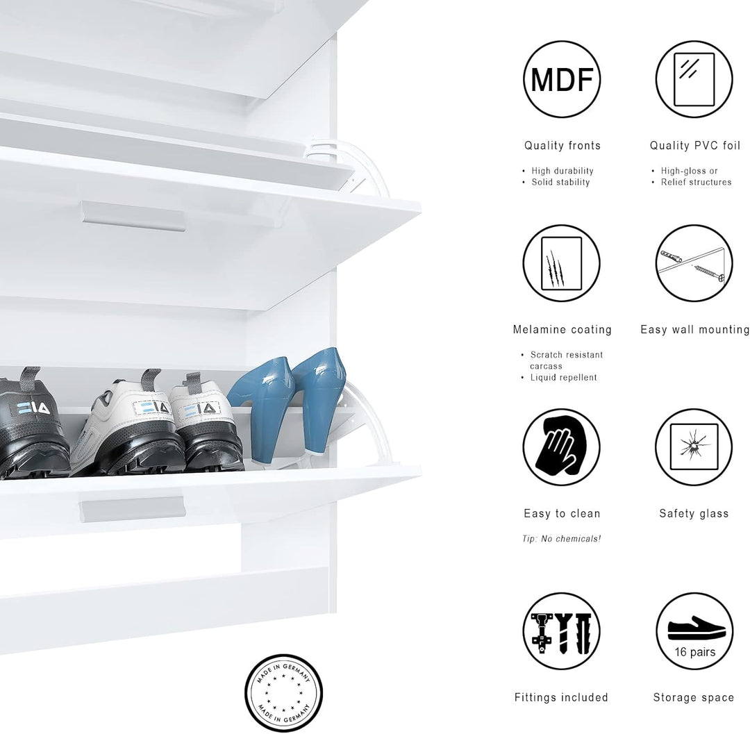 Vladon Schuhschrank Loret 89 x 104 x 23 cm Schuhkipper für 16 Paar Schuhe mit 1 Schublade, 1 Glasabl