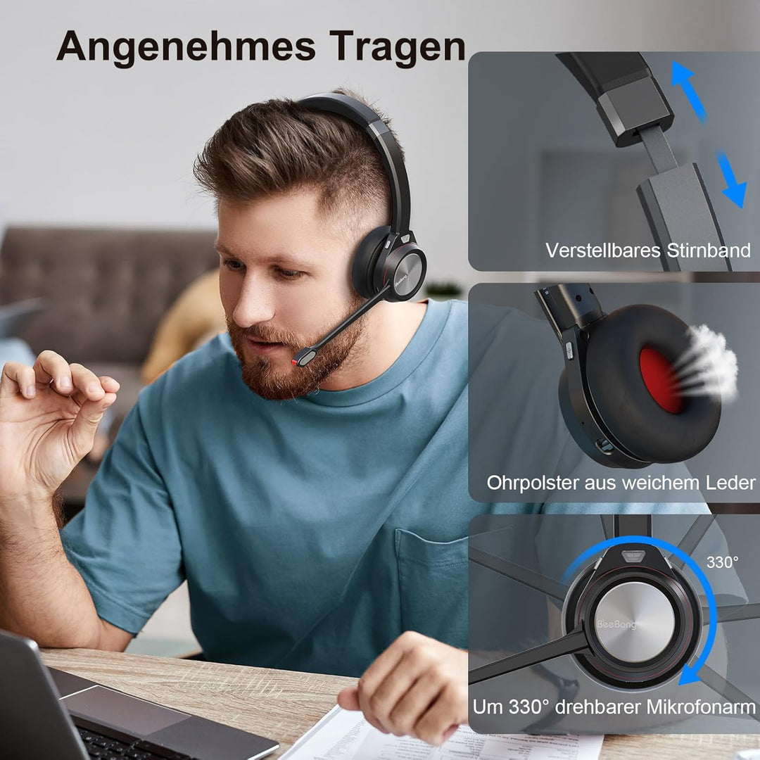 Wireless Headset, Mono Bluetooth 5.2 Headset mit Mikrofon & USB Dongle für PC, 30 Stunden Sprechzeit