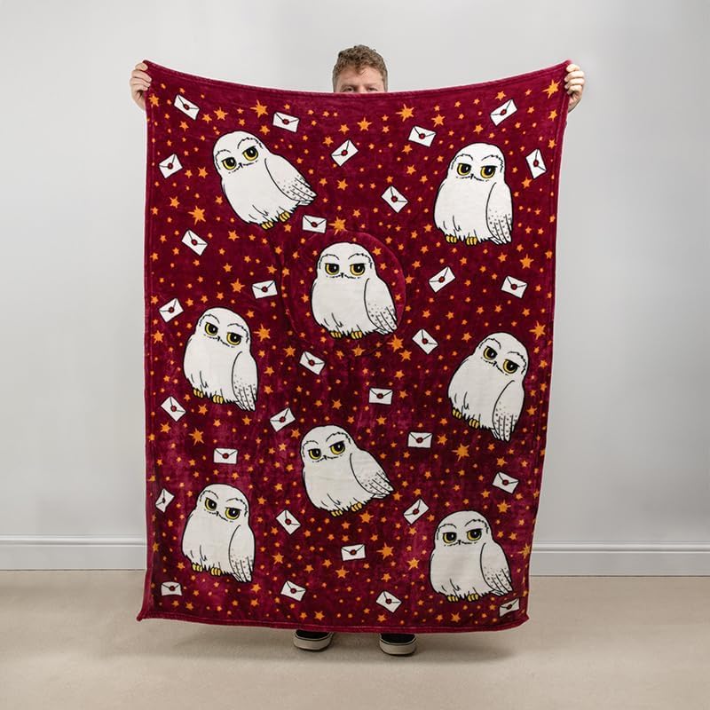 Harry Potter Hedwig 2-in-1 Kissendecke - Offiziell lizenzierte Reisedecke, Faltbarer weicher, Flausc