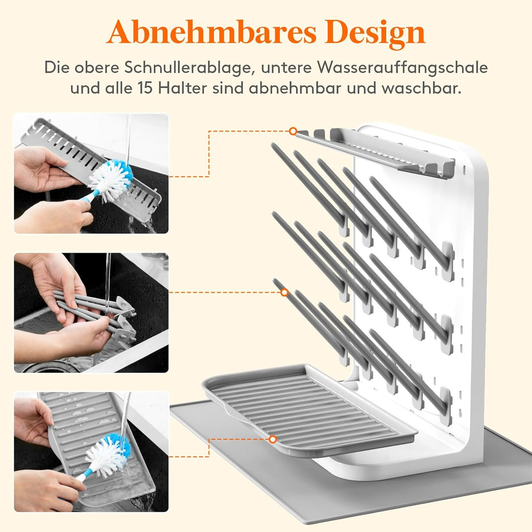 Lifewit Grosser Trockenständer Babyflaschen mit Abtropfmatte, 15 Haken Flaschentrockner mit Abtropfs