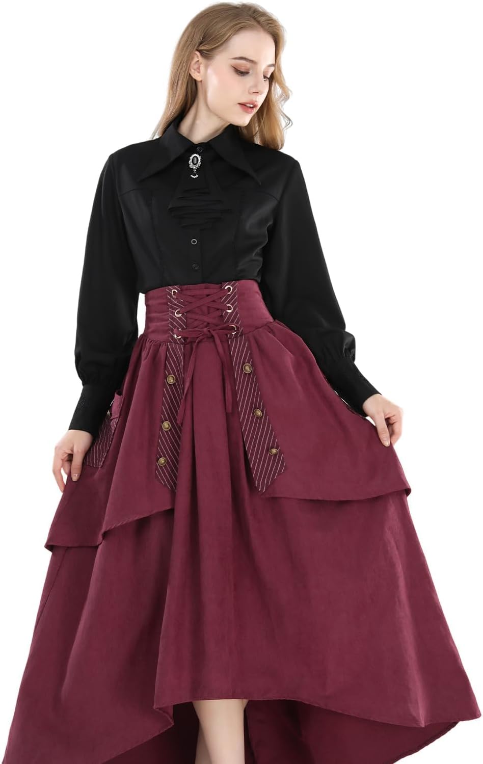 Fiamll Damen Viktorianisch Bluse Vintage Schleifenhemd Stehkragen mit Ruff Langarmshirt Mittelalter