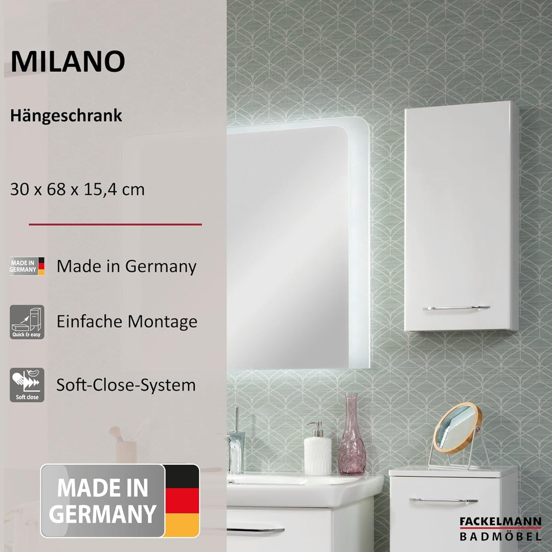 FACKELMANN Milano Hängeschrank mit Tür – Badezimmerschrank hängend mit 2 Einlegeböden fürs Badezimme