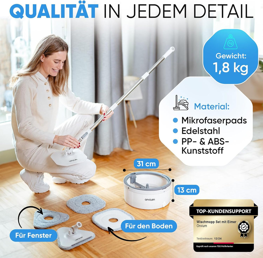 Wischmopp Set mit Eimer [2-Kammer-System mit 4 Mikrofaser Pads] Mop Wischmopp Bodenwischer | Wischer