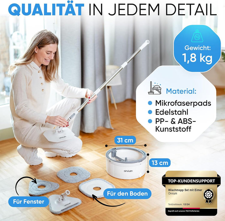 Wischmopp Set mit Eimer [2-Kammer-System mit 4 Mikrofaser Pads] Mop Wischmopp Bodenwischer | Wischer