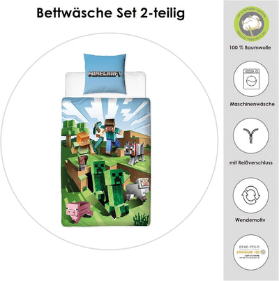 Character World Wende Bettwäsche-Set Minecraft, 135x200cm + 80x80cm, 100% Baumwolle, grün Motiv Craf