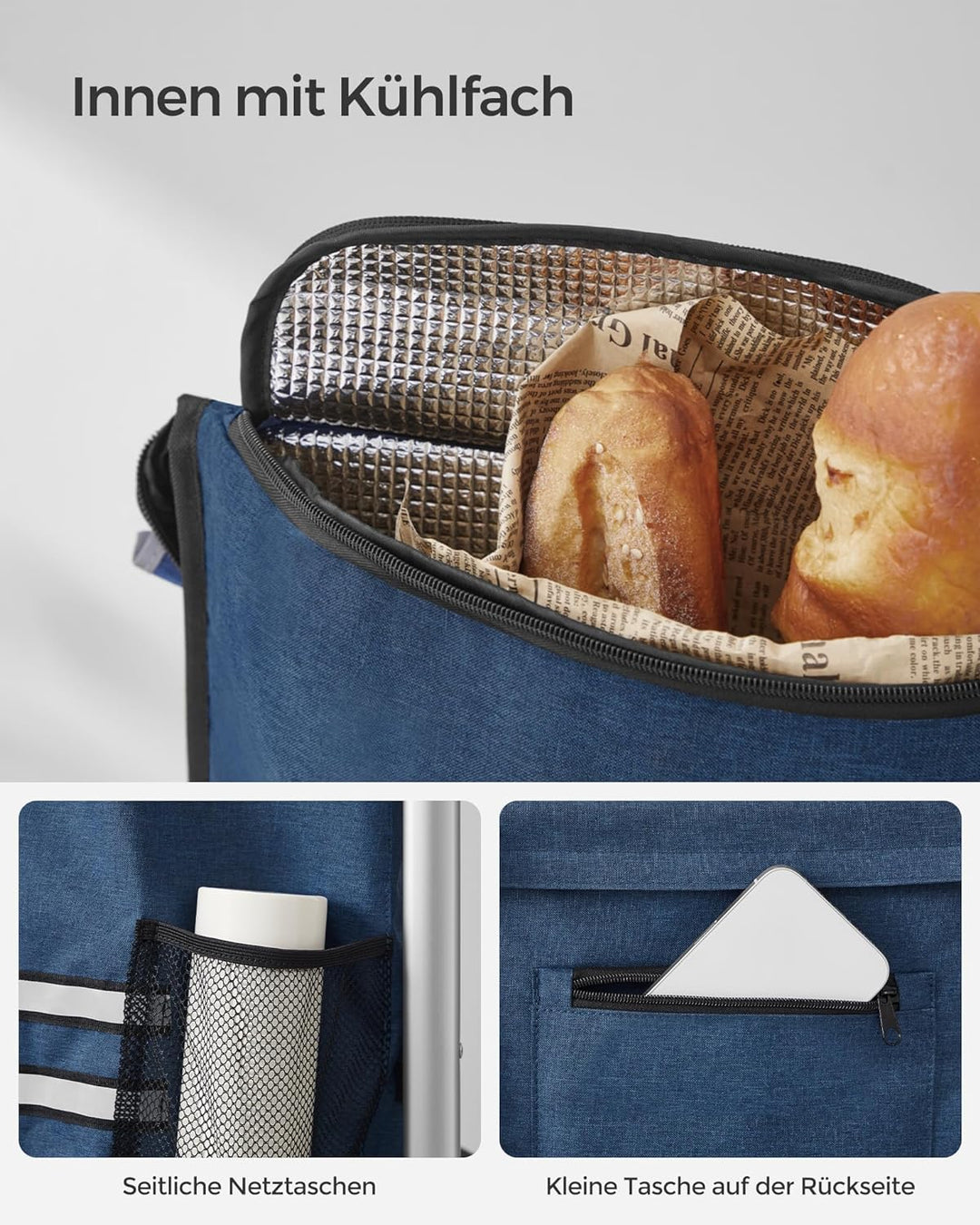 SONGMICS Einkaufstrolley, klappbar, Stabiler Einkaufswagen, mit Kühlfach, grosse Kapazität 35 L, mul