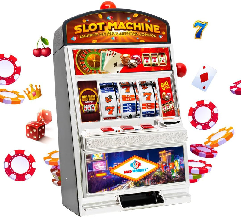 Mad Monkey Slot Machine Spardose XL, Spardose im Spielautomaten-Design mit Licht und Sound, Geldspie