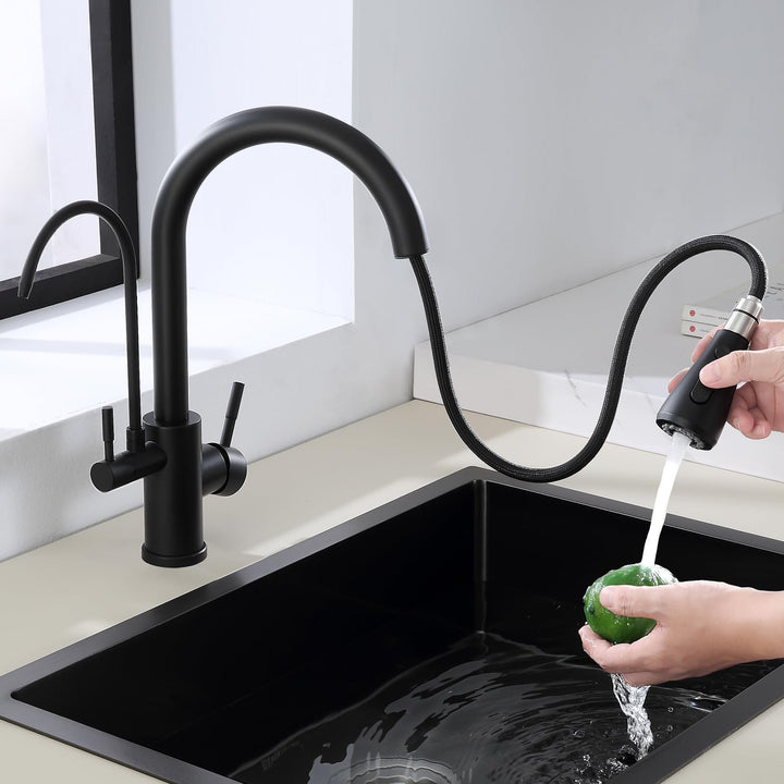 ROVOGO 3 Wege Wasserhahn Küche mit Filter, Küchenarmatur Schwarz Hochdruck mit Brause Ausziehbar, 36