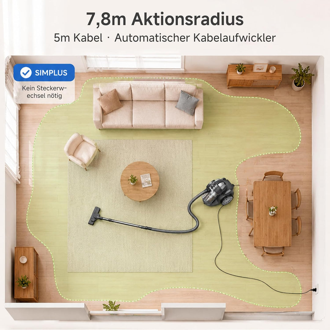 SIMPLUS Staubsauger mit Kabel, Beutelloser Bodenstaubsauger, 1200W, 28 kPa Saugleistung, F9 HEPA Fil