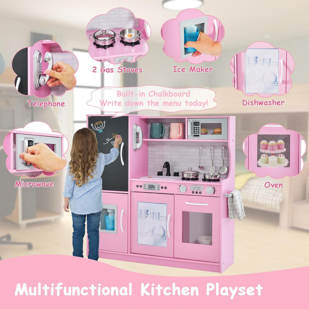 HOMASIS Spielküche mit 10 Zubehör, Kinderküche Holz, Spielzeugküche mit Tafel Spüle Herd Ofen Mikrow