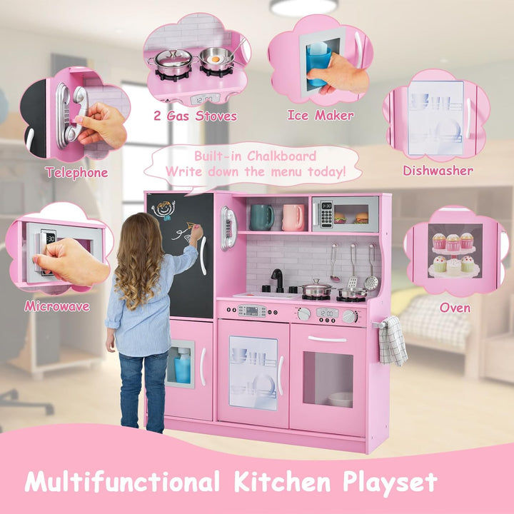 HOMASIS Spielküche mit 10 Zubehör, Kinderküche Holz, Spielzeugküche mit Tafel Spüle Herd Ofen Mikrow
