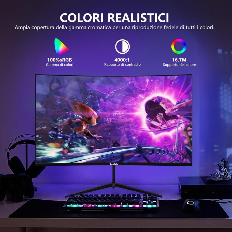 Gawfolk Écran PC 24 Pouces incurvé Gaming Moniteur 180hz, fhd 1080p 1ms sans Lunette, freesync, 100%