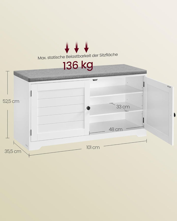 VASAGLE Schuhbank, 3 Ebenen, Sitzbank mit Stauraum, Türen und Sitzkissen, Schuhregal mit höhenverste