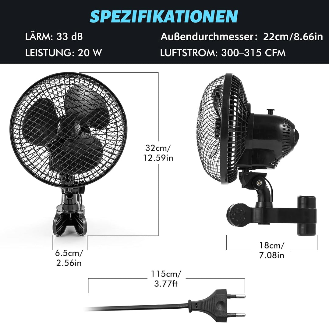 Grow Ventilator mit Clip, 20W Growzelt Ventilator Oszillierende Clip Lüfter, 2 Geschwindigkeiten, Gr