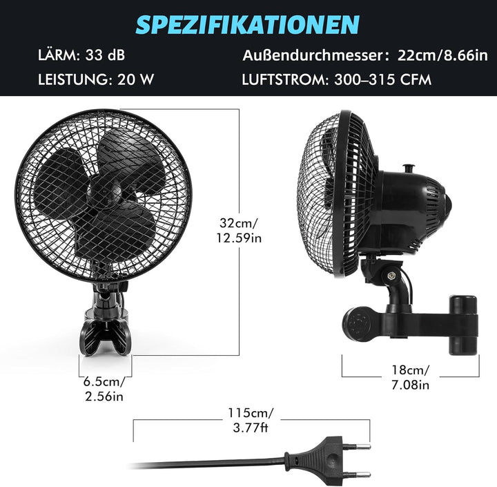 Grow Ventilator mit Clip, 20W Growzelt Ventilator Oszillierende Clip Lüfter, 2 Geschwindigkeiten, Gr
