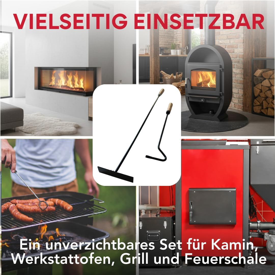 pokm toolsmarket - SET 50cm Schürhaken + 70cm Ascheschaber mit Holzgriff, Kaminbesteck Reinigungsset
