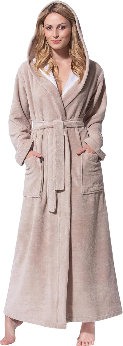 Morgenstern Bademantel Damen Extra Lang Kapuze Frottee Velours Luxus Morgenmantel S Tall Beige, S Ta