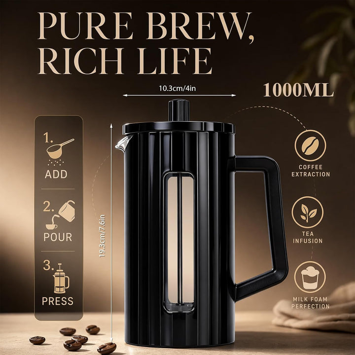 French Press 1 Liter, Glas Kaffeebereiter mit Edelstahlfilter | Stabile french press aus hitzebestän