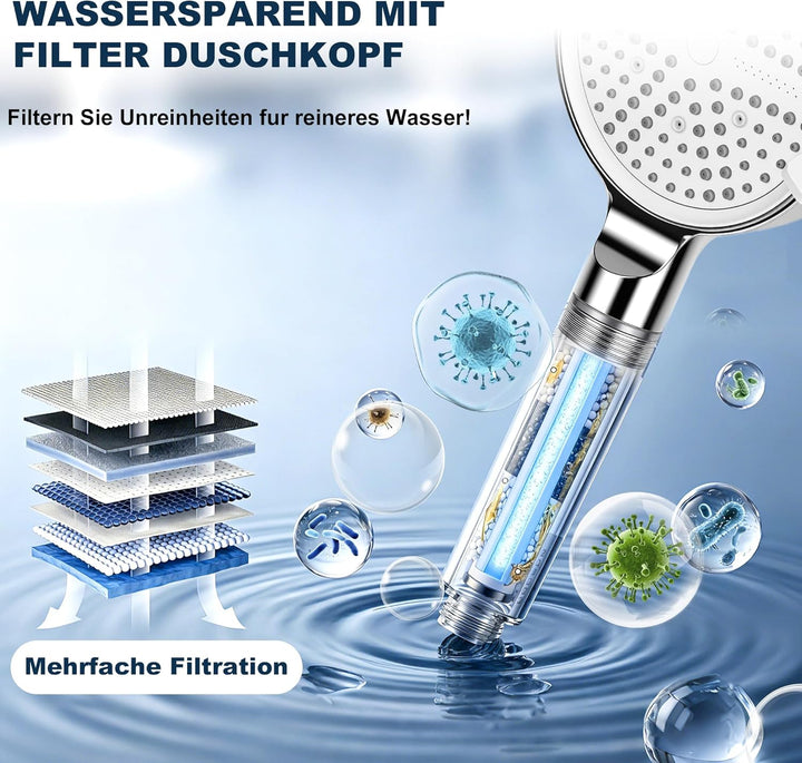 Duschkopf mit Filter, Handbrause mit Schlauch, 6 Strahlarten Duschkopf Wassersparend Hochdruck mit F