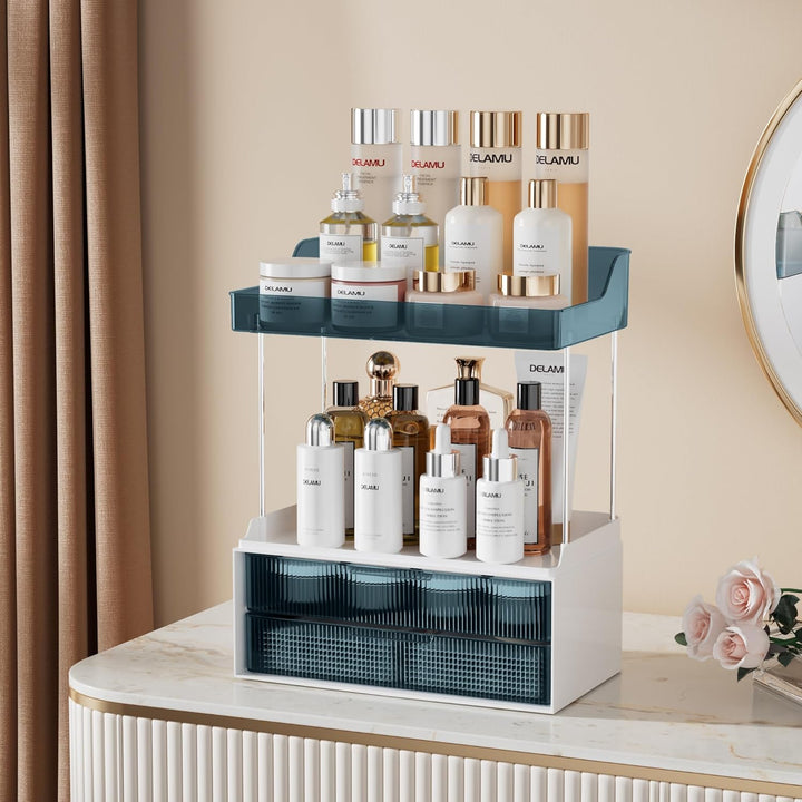 Delamu Make Up Organizer mit 2 Schubladen, 2 Etagen Kosmetik Organizer, Multifunktions Grösser Kosme