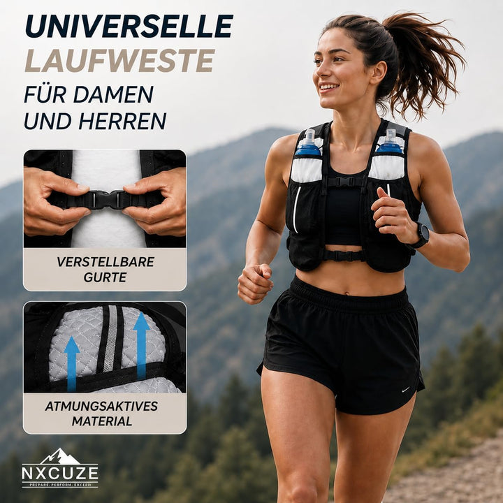 NXCUZE® Premium Laufweste Damen & Herren mit 2X 500ml Trinkflasche – Laufweste mit Trinkflasche / Tr