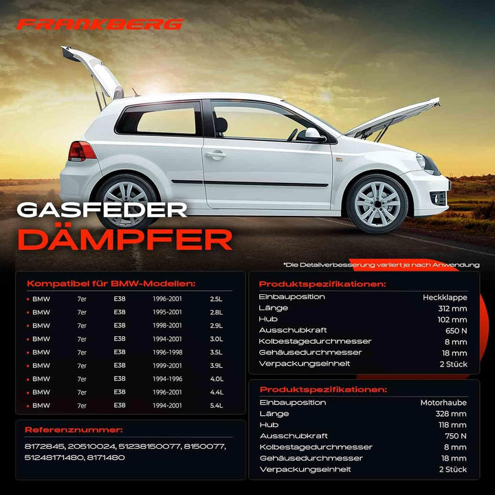 Frankberg 4x Gasfeder Dämpfer Motorhaube Heckklappe Kompatibel mit 7er E38 725 728 730 735 740 750 A
