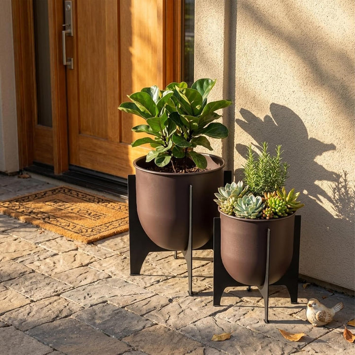 TRIROCKS 2er Set Blumentöpfe mit Metallständer 28/22cm Modern Indoor & Outdoor Pflanzgefässe für Woh