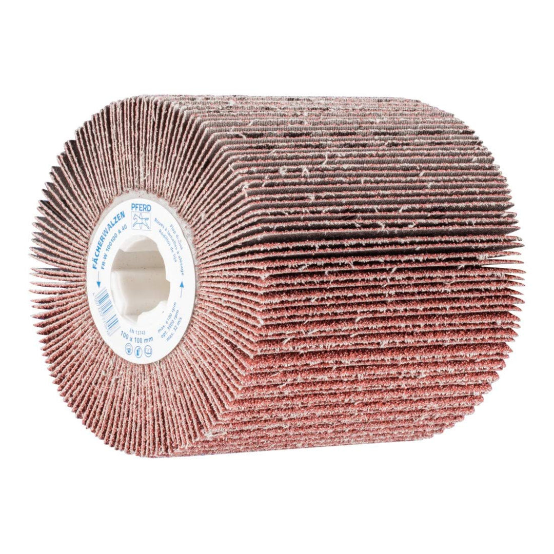 PFERD Fächerschleifwalze | 100 x 100 mm, Keilnut 19mm, Korund A 40 | 44783040 – zum universellen Ein