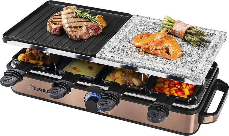 Bestron 2-in-1 Raclette-Partygrill: elektrisches Raclette für bis zu 8 Personen, kratzfester Naturgr