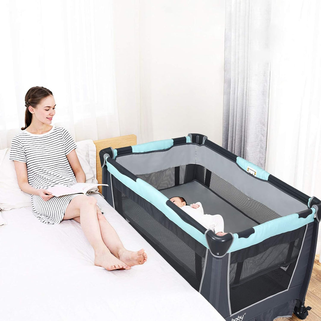 GOPLUS 4 in 1 Reisebett, Laufgitter Wiege Windeltisch, ab Geburt bis 15 kg, mit Matratze&Wickelaufla