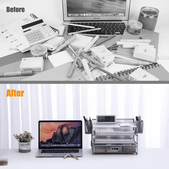 Vikmyer 4-Trays Desktop File Organizer, Mesh Office Desk Supplies Organizer Dokument Brieffachhalter
