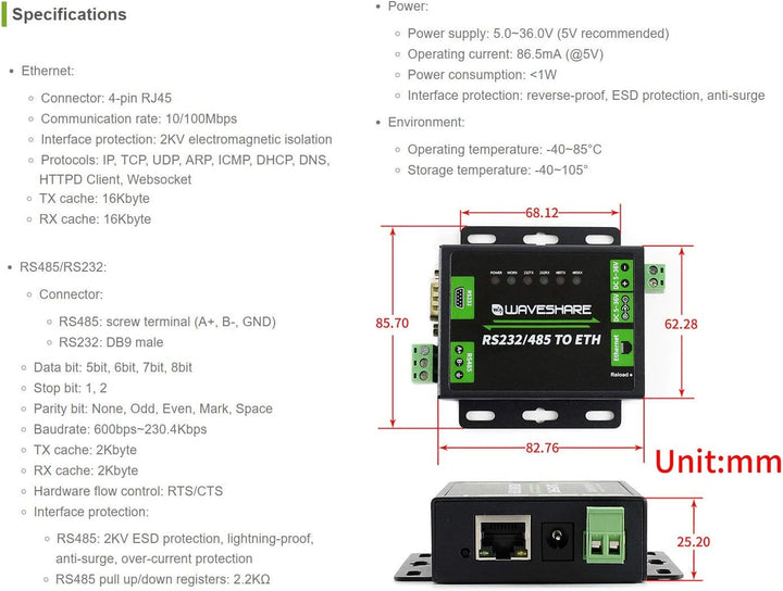 IBest Industrial RS232/RS485 to Ethernet Converter Module with Both RS232 and RS485 Interface Work I