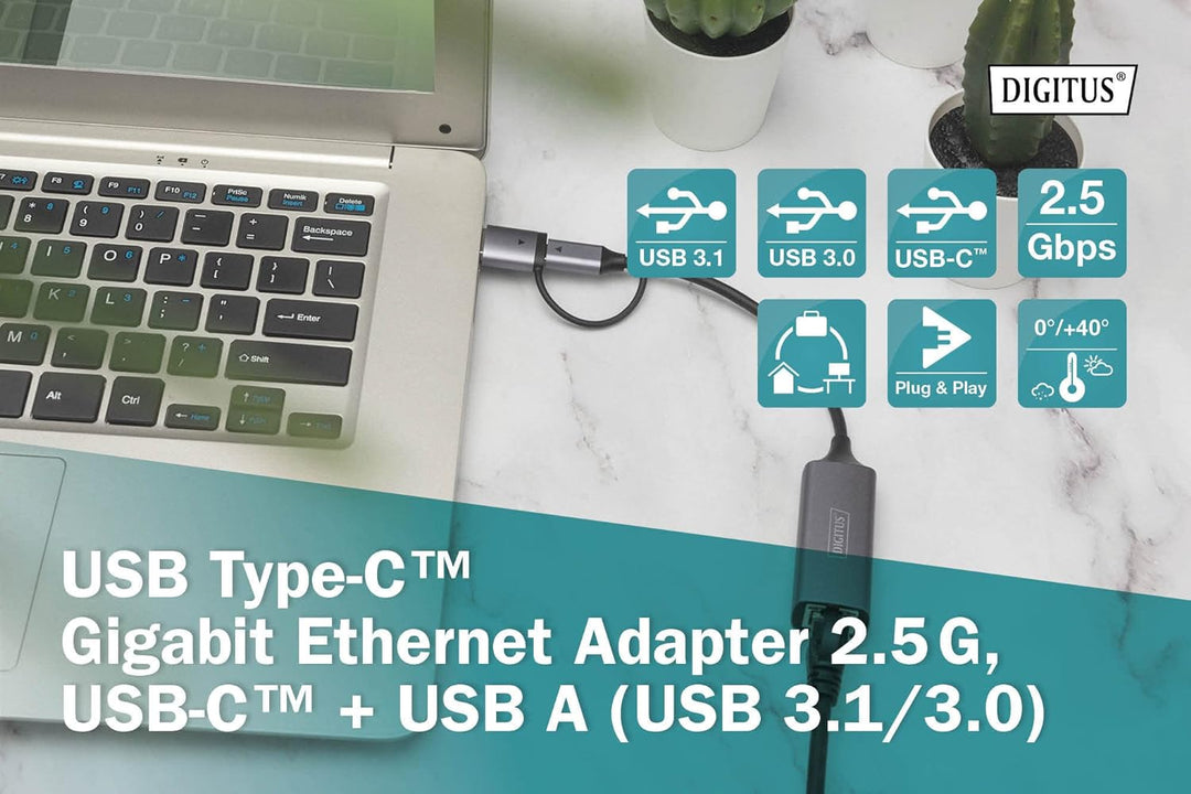 DIGITUS DN-3028 USB Type-C™ Gigabit Ethernet Adapter 2.5G, USB-C™ + USB A (USB3.1/3.0)