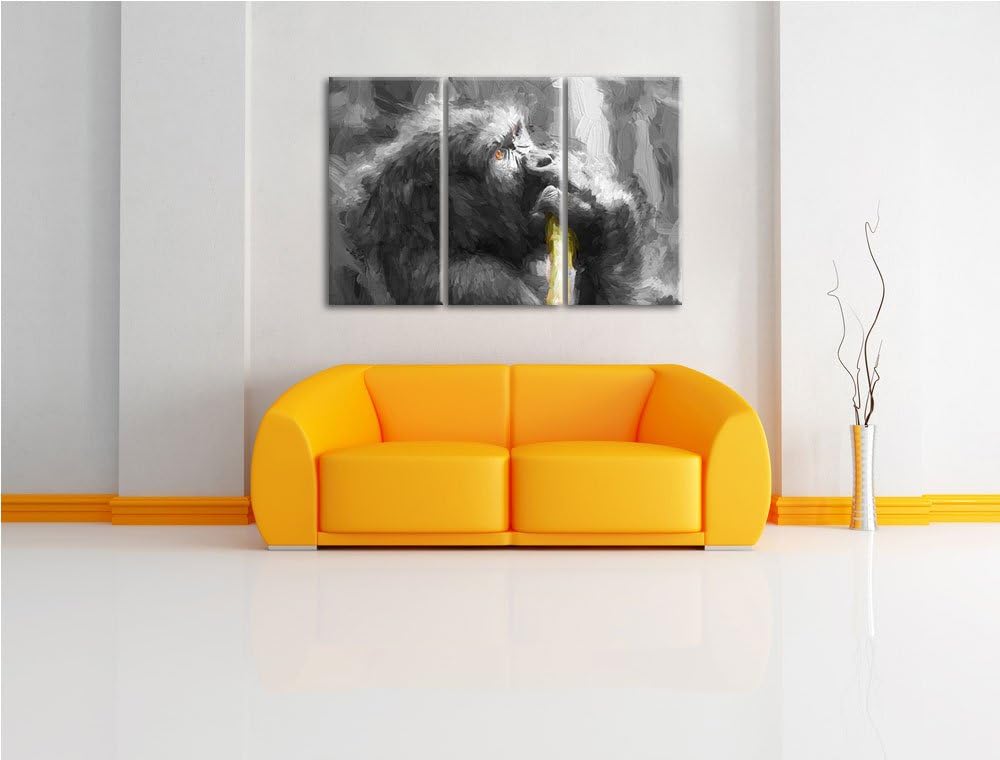 stolzer Gorilla isst schwarz/weiss Deluxe 3-Teiler Leinwandbild 120x80 Bild auf Leinwand, XXL riesig